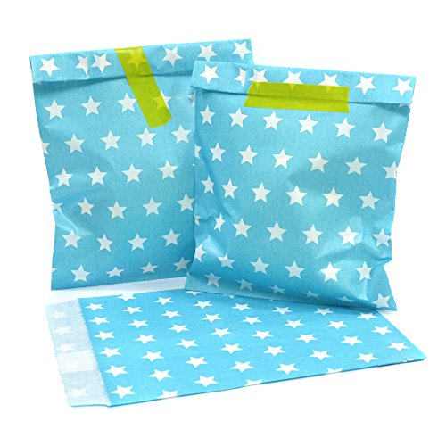 Frau WUNDERVoll® 25 PAPIERTÜTEN BEACHBLAU, Sterne 13 x 16,5 cm, 45 Gramm Papier, flach/Candy Bar, Hochzeit, Kindergeburtstag, Papiertütchen, Candybag, Tüten, Mitgebseltüten von Frau WUNDERVoll