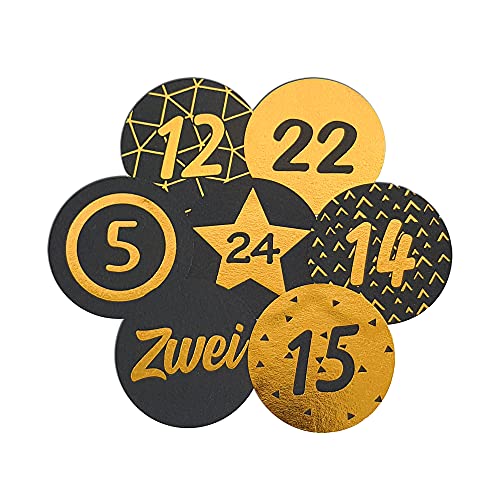 Frau WUNDERVoll® 48 Adventskalenderzahlen Aufkleber für 2 Kalender schwarz matt,Gold, Durchmesser 4 cm (Angebot) / Sticker, Weihnachten, Adventskalender, DIY Kalender von Frau WUNDERVoll