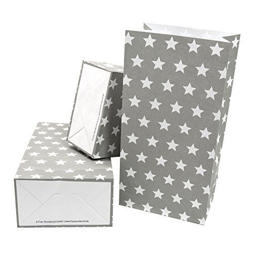 Frau WUNDERVoll® 60 PAPIERTÜTEN MIT Boden GRAU, Sterne 12x7x24cm / Blockbodenbeutel, Tüte, Papierbeutel, Papiertüte, Geschenktüte, Geschenkbeutel, Gastgeschenk, Hochzeit, Mitgebseltüte, Falttasche von Frau WUNDERVoll