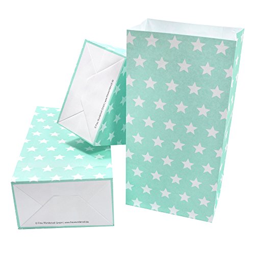 Frau WUNDERVoll® 60 PAPIERTÜTEN MIT Boden TÜRKIS, Sterne 12x7x24cm / Blockbodenbeutel, Tüte, Papierbeutel, Papiertüte, Geschenktüte, Geschenkbeutel, Gastgeschenk, Hochzeit, Mitgebseltüte, Falttasche von Frau WUNDERVoll