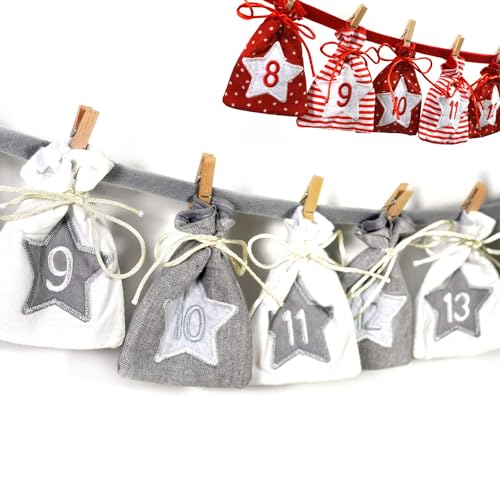 Frau WUNDERVoll® Adventskalender zum Befüllen - Stoff, grau weiß/Weihnachtskalender Zahlen Beutel Sack Säcke Säckchen Stoffbeutel Baumwolle Baumwollsäckchen Geschenkbeutel Stoffsack Stoffsäckchen von Frau WunderVoll