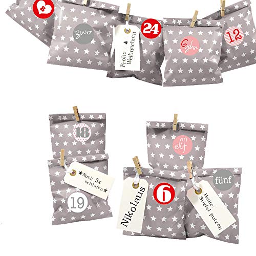 Frau WUNDERVoll® DIY Adventskalender zum Befüllen Bescherung: Set Stern 121, Papiertueten flach 13x16,5cm, Taupe Stern, Ziffern rosa-rot von Frau WUNDERVoll