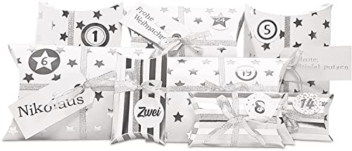 Frau WunderVoll® DIY Adventskalender zum Befüllen HoHoHo Metallic, matt weiß, Silber/Weihnachtskalender Bastelset Weihnachten,Schachteln,Kissenschachteln, Pillowbox, Kinder, Zahlen, Geschenkbeutel von Frau WunderVoll