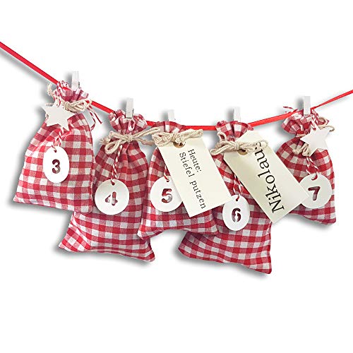 Frau WUNDERVoll® DIY Adventskalender zum Befüllen Schneeflöckchen Baumwollbeutel rot/weiß kariert, Ziffern weiß/Weihnachtskalender,Beutel,Sack,Säckchen,Stoffbeutel,Baumwolle,Geschenkbeutel,Bastelset von Frau WUNDERVoll