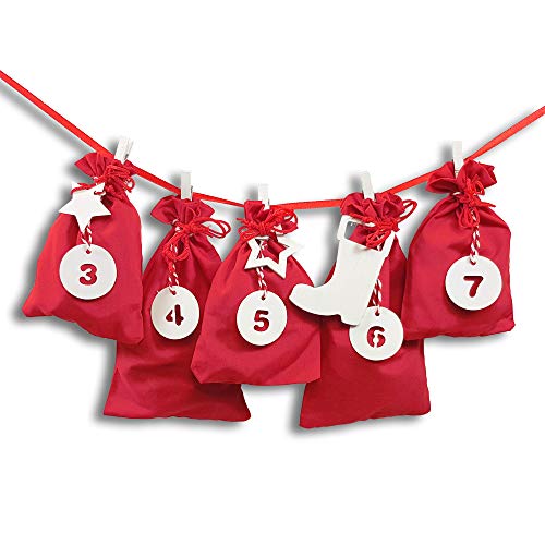 Frau WunderVoll® DIY Adventskalender zum Befüllen Schneeflöckchen Stoffbeutel rot, Ziffern weiß/Weihnachtskalender,Zahlen,Beutel,Sack,Säcke,Säckchen,Stoff,Baumwolle,Geschenkbeutel,Bastelset von Frau WunderVoll