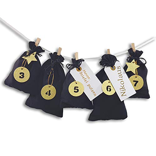 Frau WunderVoll® DIY Adventskalender zum Befüllen Schneeflöckchen Stoffbeutel schwarz, Ziffern Gold/Weihnachtskalender,Zahlen,Beutel,Sack,Säcke,Säckchen,Stoff,Baumwolle,Geschenkbeutel,Bastelset von Frau WunderVoll
