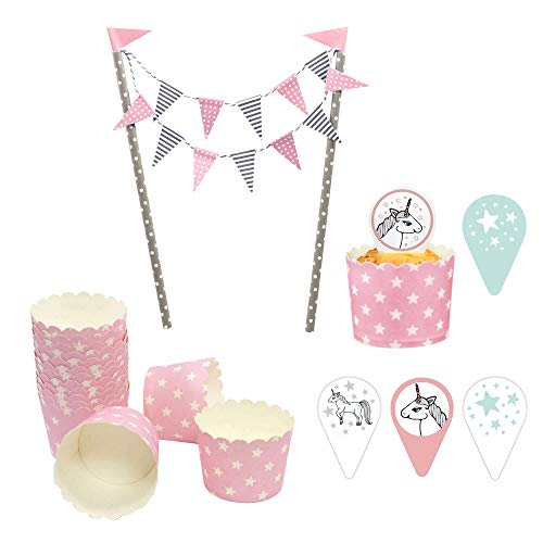 Frau WUNDERVoll® Deko MUFFINBACKSET Einhorn Inhalt 25 Cupcake Formen/Kuchengirlande/Kuchenstecker/Topper von Frau WUNDERVoll