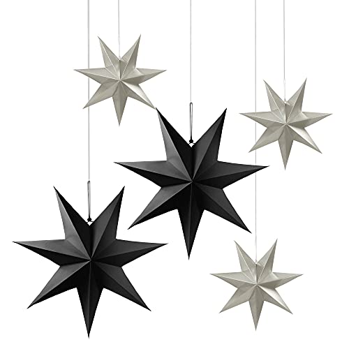 Frau WUNDERVoll® liebevolle Faltsterne schwarz/Silber matt matt 5 Stück: 3 Stück Durchmesser 25 cm + 2 Stück Durchmesser 40 cm 7 Zacken geschlossene Oberfläche Feste Pappe von Frau WunderVoll
