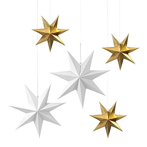 Frau WUNDERVoll® liebevolle Faltsterne weiß/Gold matt matt 5 Stück: 3 Stück Durchmesser 25 cm + 2 Stück Durchmesser 40 cm 7 Zacken geschlossene Oberfläche Feste Pappe von Frau WunderVoll