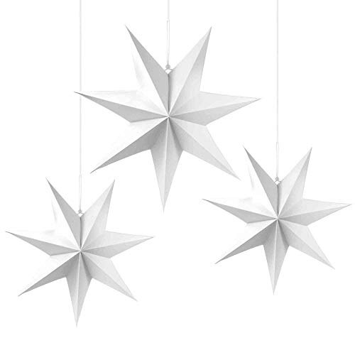 Frau WunderVoll® liebevolle Faltsterne weiß 3 Stück: 1 Stück Durchmesser 90 cm + 2 Stück Durchmesser 70 cm 7 Zacken geschlossene Oberfläche Feste Pappe von Frau WunderVoll