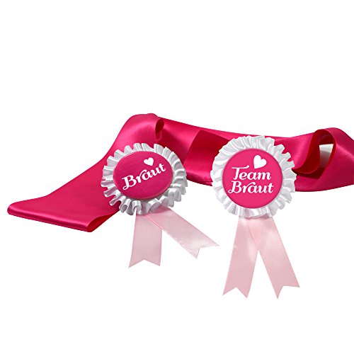 Frau WUNDERVoll JGA Gruppenset Orden pink, Team Braut Ø 8 cm, 6 Orden Plus Brautset Junggesellinnenabschied/Hen Party/Anstecker/JGA Orden/JGA Schärpe/JGA Button von Frau WUNDERVoll