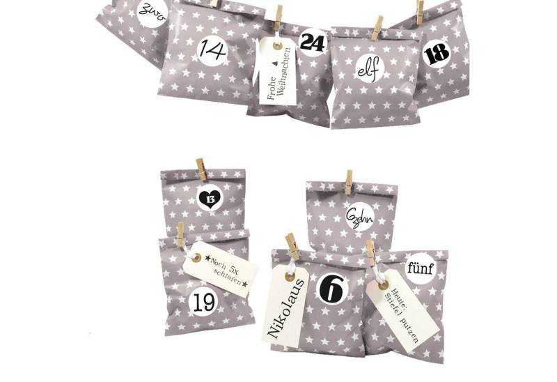 Frau WUNDERVoll befüllbarer Adventskalender Adventskalender Bescherung, taupe Stern, Ziffern schwarz-weiß von Frau WUNDERVoll
