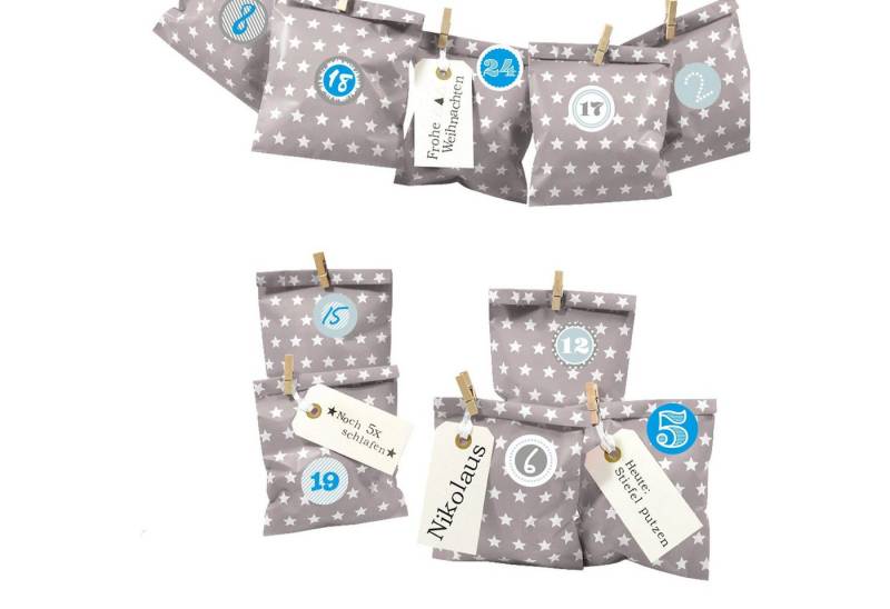 Frau WUNDERVoll befüllbarer Adventskalender Adventskalender Bescherung, taupe Stern, Ziffern blau von Frau WUNDERVoll