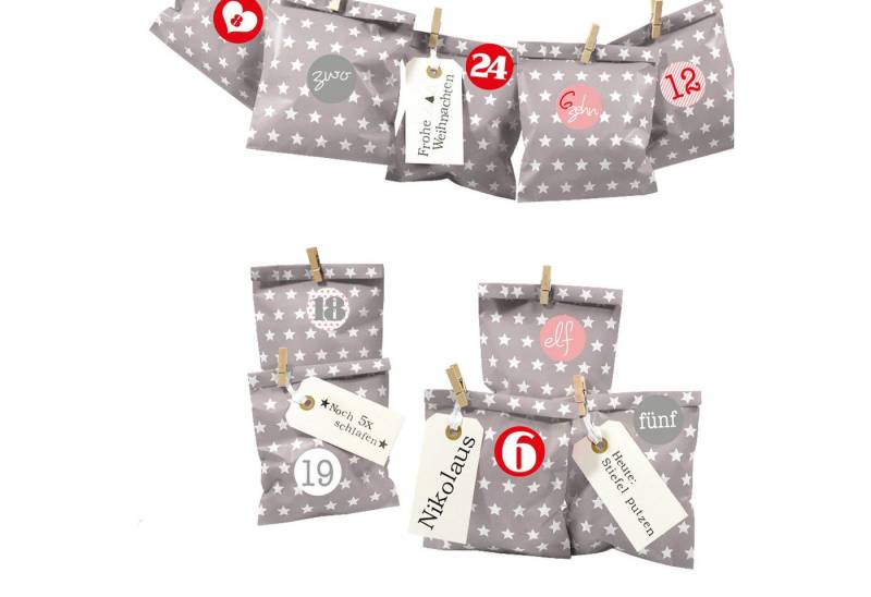 Frau WUNDERVoll befüllbarer Adventskalender Adventskalender Bescherung, taupe Stern, Ziffern rosa-rot von Frau WUNDERVoll