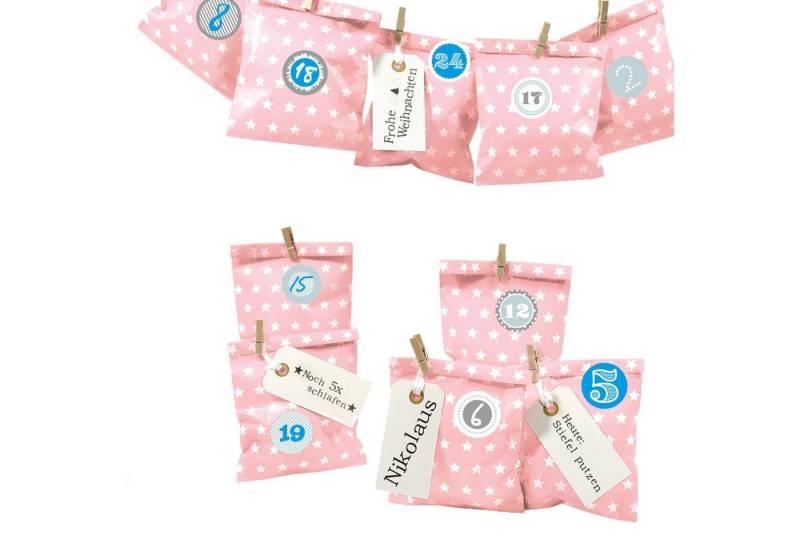 Frau WUNDERVoll befüllbarer Adventskalender Adventskalender Bescherung, rosa Stern, Ziffern blau von Frau WUNDERVoll