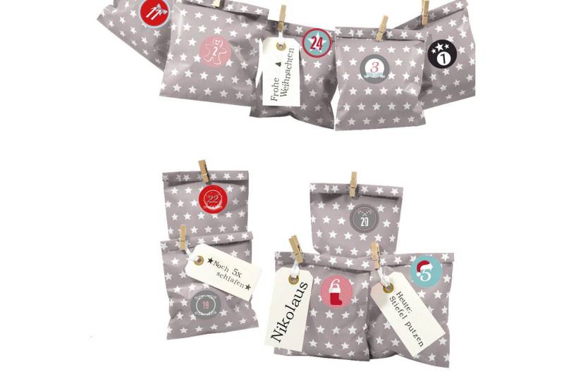 Frau WUNDERVoll befüllbarer Adventskalender Adventskalender Bescherung, taupe Stern, Ziffern bunt von Frau WUNDERVoll