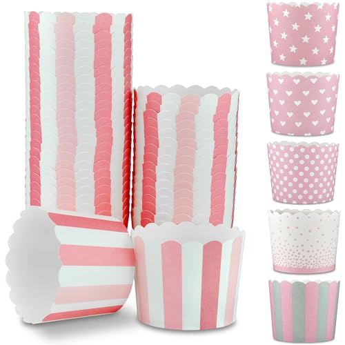 Frau WUNDERVoll® 100 Muffin Backformen weiß rosa pink Streifen, Durchmesser 6,1 cm/Muffins Muffinbackform Muffinform Form Backförmchen Cupcake Formen Förmchen Papier Cupcakeformen von Frau WunderVoll