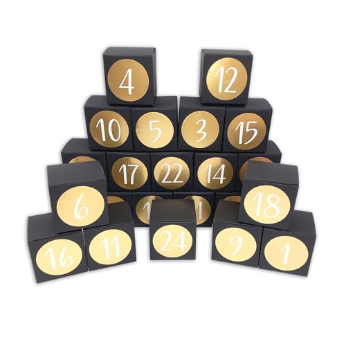 Frau WUNDERVoll® DIY Adventskalender Vorfreude zum Befüllen, 24 Faltschachteln matt schwarz 7x7x7cm (gefaltet), XL Ziffern gold metallic/foliert - Weihnachten Würfelbox Faltverpackung Schachtel Kasten von Frau WunderVoll