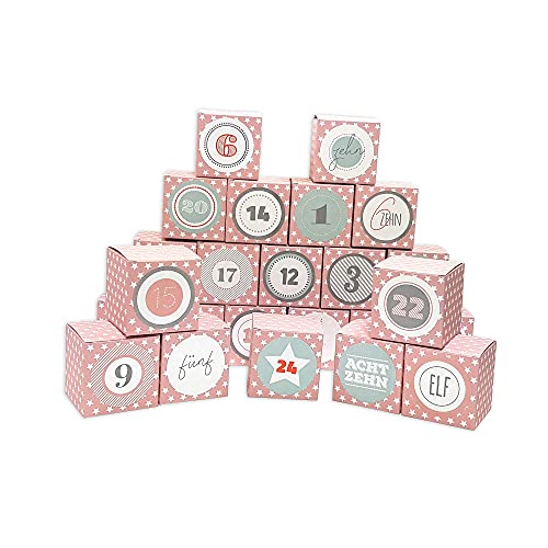 Frau WUNDERVoll® DIY Adventskalender Vorfreude zum Befüllen, 24 Faltschachteln rosa weiße Sterne 7x7x7cm (gefaltet), XL Ziffern pastell/Weihnachten, Aufkleber, Würfelbox, Faltverpackung, Schachteln von Frau WunderVoll