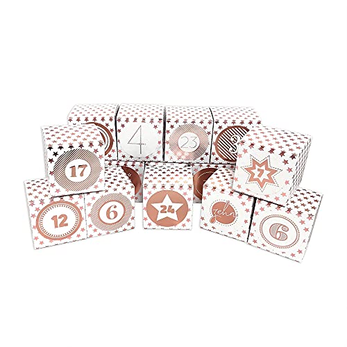 Frau WUNDERVoll® DIY Adventskalender Vorfreude zum Befüllen,Faltschachteln rosegold Sterne 7x7x7cm(gefaltet),XL Ziffern rosegold/Weihnachten,Aufkleber,Würfelbox,Schachteln von Frau WunderVoll