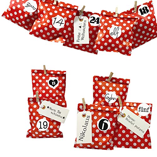 Frau WUNDERVoll® DIY Adventskalender zum Befüllen Bescherung, Papiertueten flach 13x16,5cm, rot Punkt, Ziffern schwarz-weiß/Weihnachten, Papiertüten, Kinder, Zahlen, Geschenkbeutel, Aufkleber von Frau WunderVoll