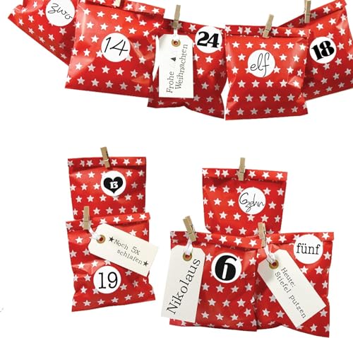 Frau WUNDERVoll® DIY Adventskalender zum Befüllen Bescherung, rot weiße Sterne Papiertüten 13x16,5cm, Ziffern schwarz weiß/Weihnachten Aufkleber Advent Kalender Kinder Geschenkbeutel von Frau WunderVoll