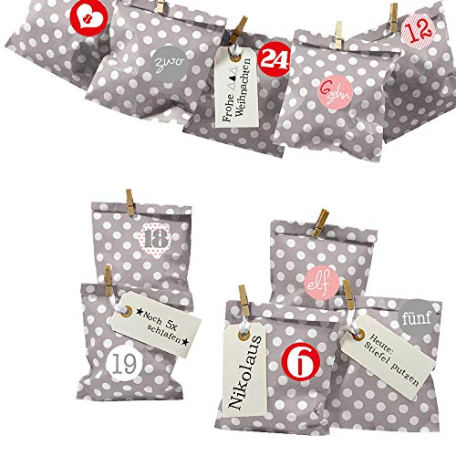 Frau WUNDERVoll® DIY Adventskalender zum Befüllen Bescherung: Set Punkt 157, Papiertueten flach 13x16,5cm, Taupe Punkt, Ziffern rosa-rot von Frau WunderVoll