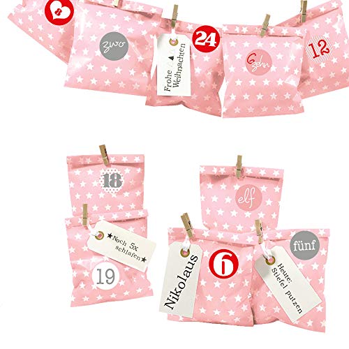 Frau WUNDERVoll® DIY Adventskalender zum Befüllen Bescherung: Set Stern 109, Papiertueten flach 13x16,5cm, rosa Stern, Ziffern rosa-rot von Frau WunderVoll