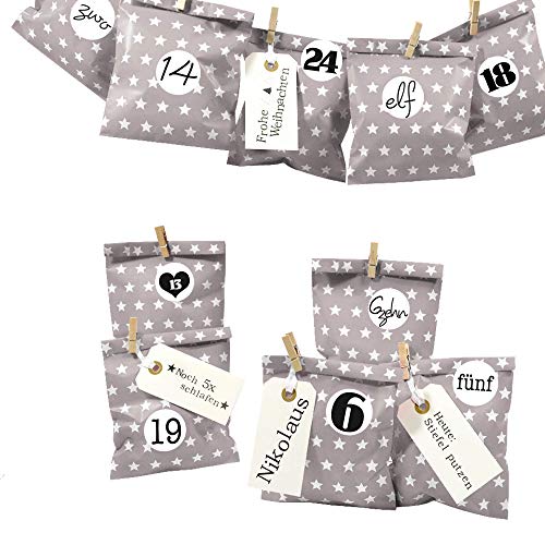 Frau WUNDERVoll® DIY Adventskalender zum Befüllen Bescherung: Set Stern 119, Papiertueten flach 13x16,5cm, Taupe Stern, Ziffern schwarz-weiß von Frau WunderVoll