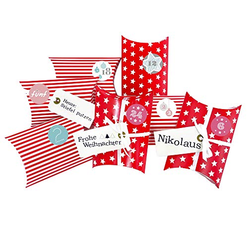 Frau WUNDERVoll® DIY Adventskalender zum Befüllen Christkind: Set 177, Kissenschachteln 15x11x4,5cm rot Sterne und Streifen, Ziffern Pastell von Frau WunderVoll