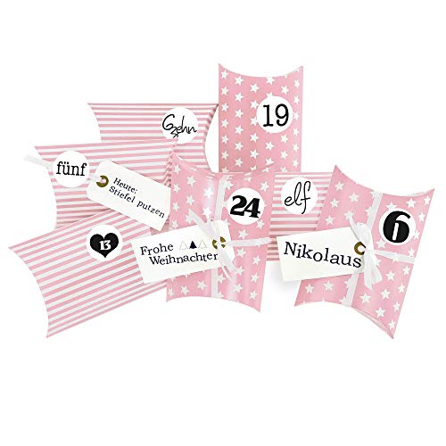 Frau WUNDERVoll® DIY Adventskalender zum Befüllen Christkind: Set 185, Kissenschachteln 15x11x4,5cm rosa Sterne und Streifen, Ziffern schwarz-weiß von Frau WunderVoll