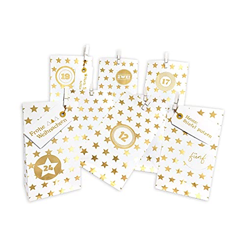 Frau WUNDERVoll® DIY Adventskalender zum Befüllen Weihnachtszeit, Blockbodenbeutel 12(L) x7(B) x24(H) cm weiß, goldene Sterne Ziffern gold/Weihnachten, Papiertüten, Kinder, Aufkleber von Frau WunderVoll