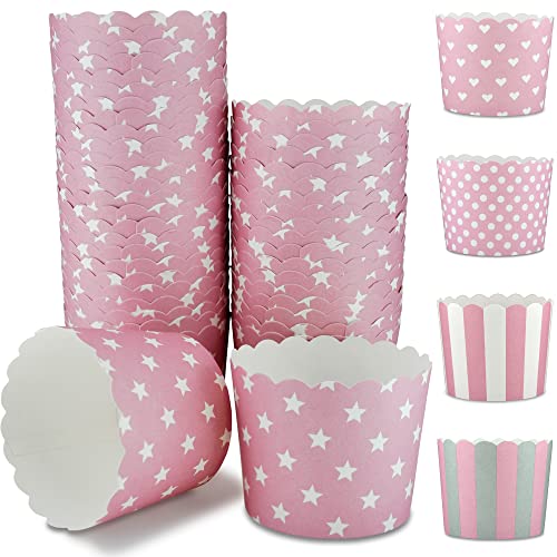 Frau WunderVoll® 100 Muffin Backformen, rosa, weiße Sterne, Durchmesser 6,1 cm/Muffinbackform, Muffinform, Cupcakeformen, Backförmchen, Cupcake Formen, Muffin Förmchen Papier von Frau WunderVoll