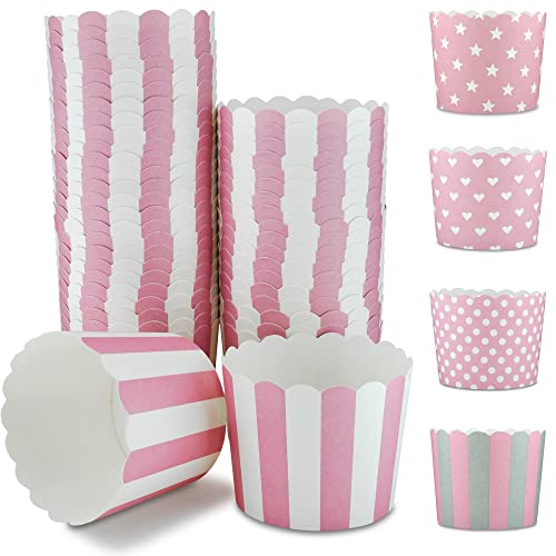 Frau WunderVoll® 100 Muffin Backformen, rosa- weiße Streifen, Durchmesser 6,1 cm/Muffinbackform, Muffinform, Cupcakeformen, Backförmchen, Cupcake Formen, Muffin Förmchen Papier von Frau WunderVoll