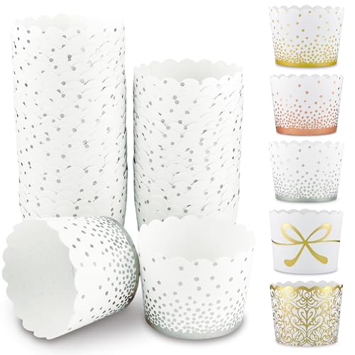 Frau WunderVoll® 100 Muffin Backformen weiß Silber (metallic) Punkte Konfetti, Durchmesser 5 cm/Muffins Muffinbackform Muffinform Form Backförmchen Cupcake Formen Förmchen Papier Cupcakeformen von Frau WunderVoll