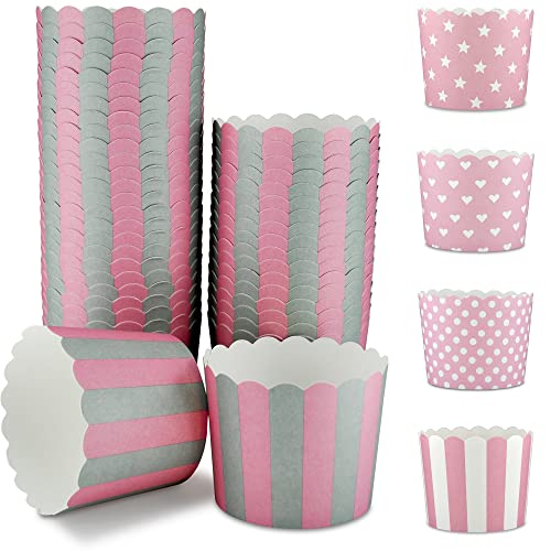 Frau WunderVoll® 25 Muffin Backformen, rosa graue Streifen, Durchmesser 6,1 cm/Muffinbackform, Muffinform, Cupcakeformen, Backförmchen, Cupcake Formen, Muffin Förmchen Papier von Frau WunderVoll