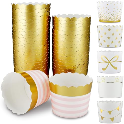 Frau WunderVoll® 25 Muffin Backformen rosa Gold (metallic) Streifen Durchmesser 6,1 cm/goldene Muffins Muffinbackform Muffinform Form Backförmchen Cupcake Formen Förmchen Papier Cupcakeformen von Frau WunderVoll