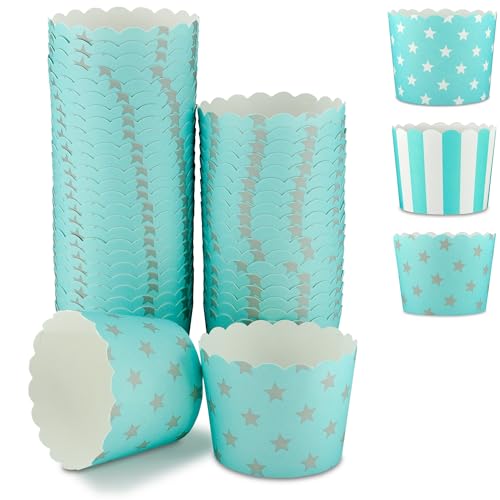 Frau WunderVoll® 25 Muffin Backformen türkis Mint, graue Sterne, Durchmesser 5 cm/Muffins Muffinbackform Muffinform Form Backförmchen Cupcake Formen Förmchen Papier Cupcakeformen von Frau WunderVoll