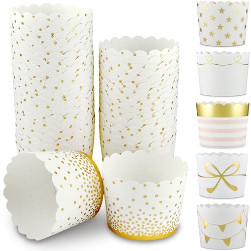 Frau WunderVoll® 25 Muffin Backformen weiß Gold (metallic) Punkte Konfetti, Durchmesser 5 cm/goldene Muffins Muffinbackform Muffinform Form Backförmchen Cupcake Formen Förmchen Papier Cupcakeformen von Frau WunderVoll