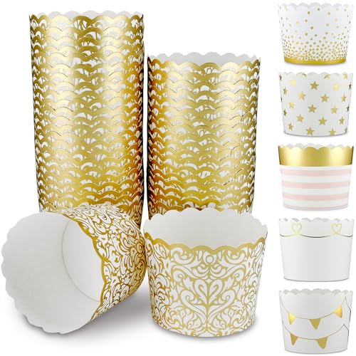 Frau WunderVoll® 50 Muffin Backformen, weiß Gold Ornament/Barock, Durchmesser 6,1 cm/Muffins Muffinbackform Muffinform Form Backförmchen Cupcake Formen Förmchen Papier Cupcakeformen von Frau WunderVoll