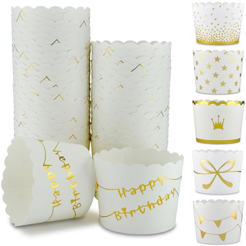 Frau WunderVoll® 50 Muffin Backformen weiß Gold (metallic) Happy Birthday Durchmesser 6,1 cm/goldene Muffins Muffinbackform Muffinform Form Backförmchen Cupcake Formen Förmchen Papier Cupcakeformen von Frau WunderVoll