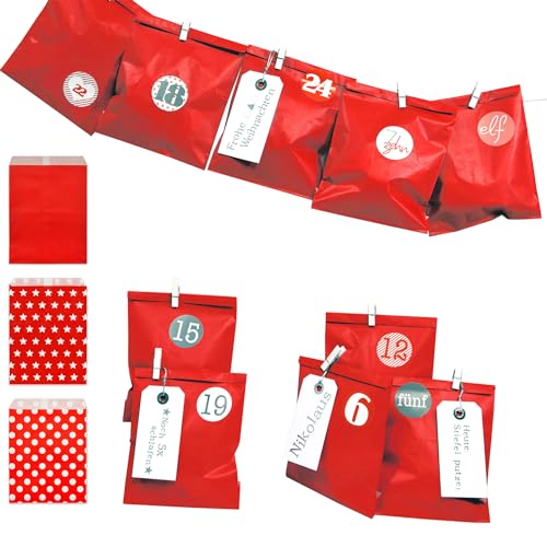 Frau WunderVoll® DIY Adventskalender zum Befüllen Bescherung, Papiertüten rot 13x16,5cm, Ziffern rosa rot/Weihnachten Aufkleber Advent Kalender Kinder von Frau WunderVoll