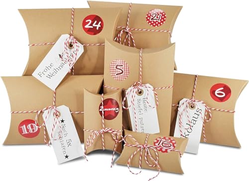 Frau WunderVoll® DIY Adventskalender zum Befüllen HoHoHo Kraftpapier/Vintage/natur - Ziffern rot/Weihnachtskalender Bastelset Weihnachten,Schachteln,Kissenschachteln, Pillowbox von Frau WunderVoll