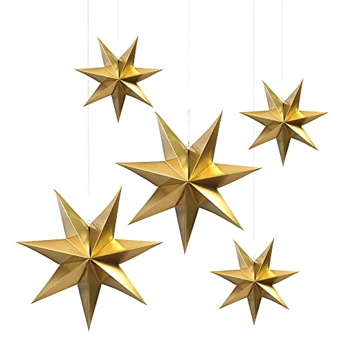 Frau WunderVoll® liebevolle Faltsterne Gold matt 5 Stück: 3 Stück Durchmesser 25 cm + 2 Stück Durchmesser 40 cm 7 Zacken geschlossene Oberfläche Feste Pappe von Frau WunderVoll