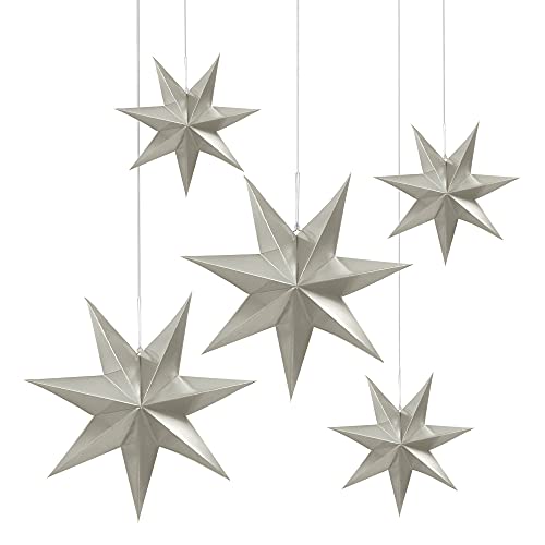 Frau WunderVoll® liebevolle Faltsterne Silber matt 5 Stück: 3 Stück Durchmesser 25 cm + 2 Stück Durchmesser 40 cm 7 Zacken geschlossene Oberfläche Feste Pappe von Frau WunderVoll