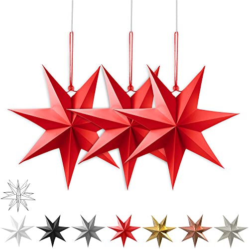 Frau WunderVoll® liebevolle Faltsterne matt rot 3 Stück Durchmesser 25 cm 7 Zacken geschlossene Oberfläche Feste Pappe, Weihnachten, Advent, Fenster Dekoration, Weihnachtsbaum von Frau WunderVoll