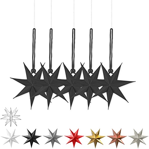 Frau WunderVoll® liebevolle Faltsterne matt schwarz 5 Stück Durchmesser 15 cm 7 Zacken geschlossene Oberfläche Feste Pappe, Weihnachten, Advent, Fenster Dekoration, Weihnachtsbaum von Frau WunderVoll