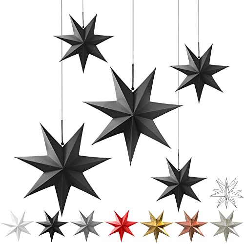 Frau WunderVoll® liebevolle Faltsterne schwarz matt 5 Stück: 3 Stück Durchmesser 25 cm + 2 Stück Durchmesser 40 cm, 7 Zacken geschlossene Oberfläche Feste Pappe Weihnachtsstern Weihnachtsschmuck von Frau WunderVoll