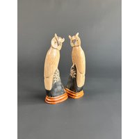 2 X Vintage Handgeschnitzte Rinderhorn Eulen - Skulptur Aus Horn Auf Holzsockel 30 cm 2 X Vintage Handgeschnitzte Rinderhorn Eulen - Skulptur Aus Horn Auf Holzsockel 30 cm von FrauVaseDesigns