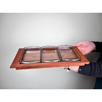 Schalen Set Auf Teakholz Tablett, Servierschalen, Snack I Germany 60Er Jahre Digsmed | Glas Smoke Colored Glass, Teakholz, Danish von FrauVaseDesigns